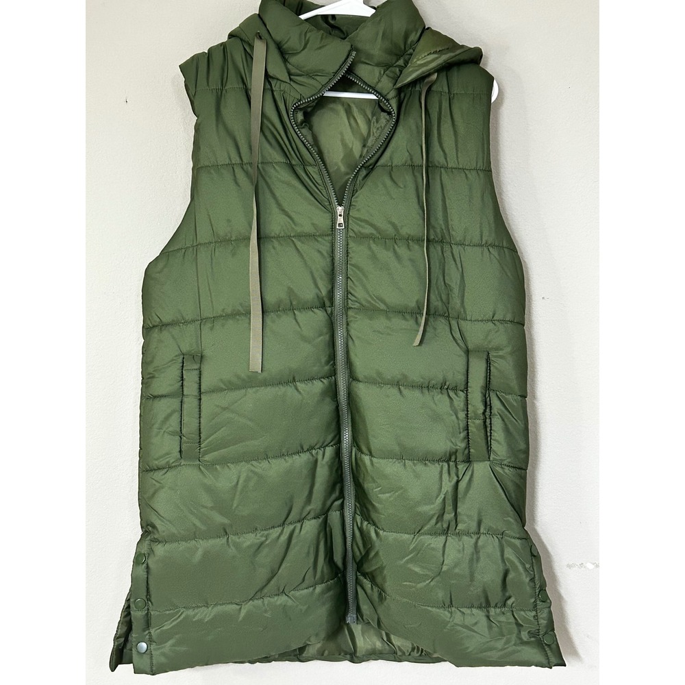 Olive Green Longline Puffer Vest Hooded Quilted Sleeveless Jacket Plus Size 2XL